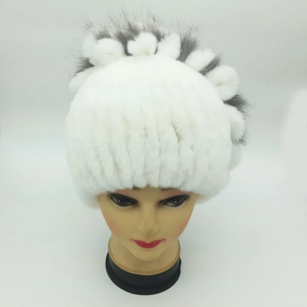 Женская зимняя трикотажная Шапка бини из натурального меха кролика|knitted cap|rex rabbit