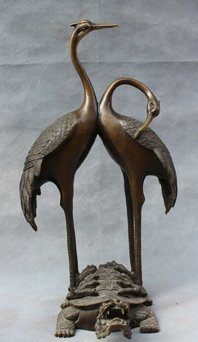 

S2784 18" Chinese Refined Pure Bronze Bird 2 Crane On Longevity Dragon Turtle Statue D0318