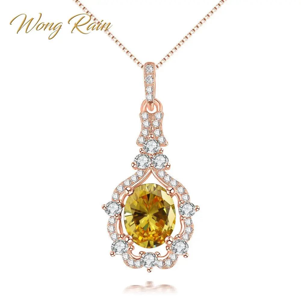 

Wong Rain Vintage 925 Sterling Silver 8 * 10 MM Oval Topaz Amethyst Gems Birthstone Rose Gold Plated Pendant Necklace Jewelry