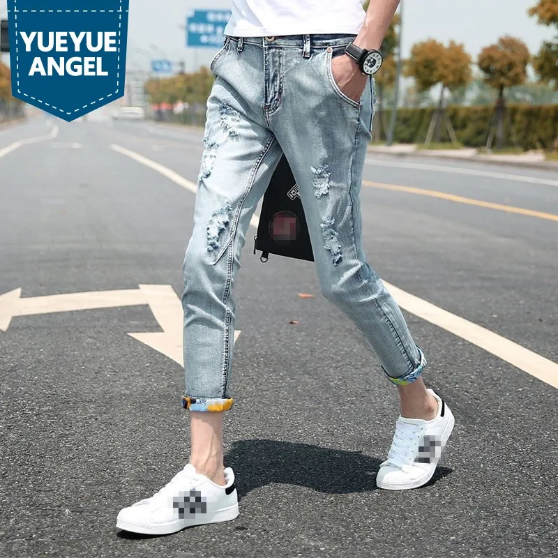 Мужские ковбойские брюки корейские студенты ноги брюки Тонкий стрейч отверстие рваные хип-хоп брюки мужские новые 2019 джинсы тонкие