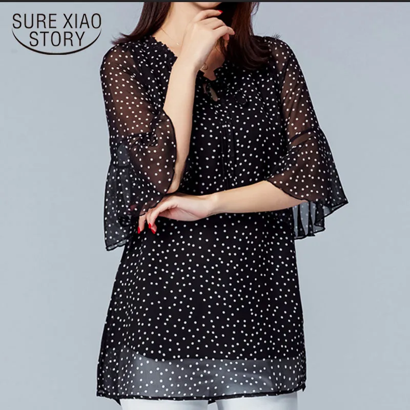 Женские топы и блузки Большой Шифоновая Блузка размер Цветочный Черный Плюс размер вырез v-образный длинный рукав рубашки Элегантные для женщин 60C 25
