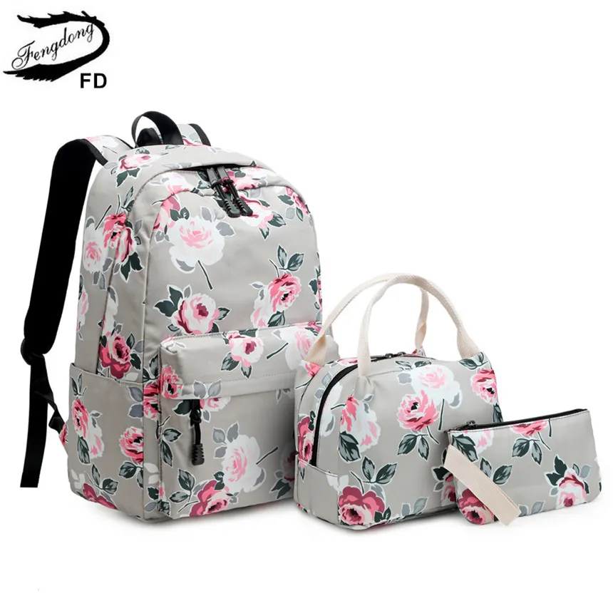 US $29.99 Fengdong 3pcsSet School Bags For Teenage Girls Rose Flower Printing School Backpack Set Kids Floral Book Bag Travel Backpack