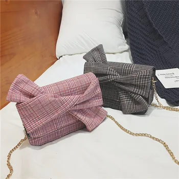 

Fashion Woman Messenger Bag Cotton Cover Sweet Plaid Bow Chain Shoulder Bag Creative Elegant Ladies Hand Bags for Women 2019