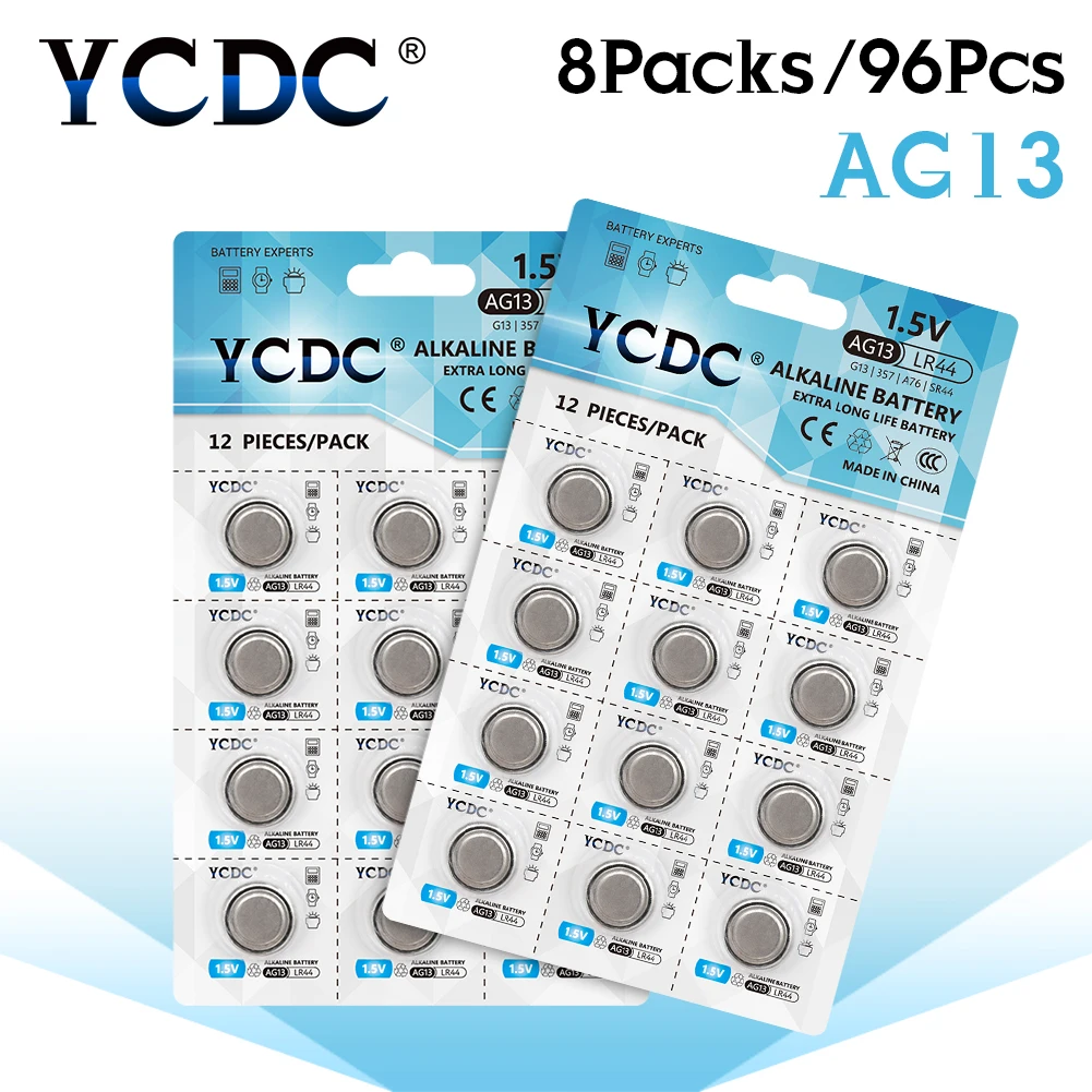 

YCDC AG13 96pcs/8Cards 1.5V Coin Cell Battery AG 13 Alkaline Button Battery LR44 357 SR44SW L1154 For Remote Watch Electronic