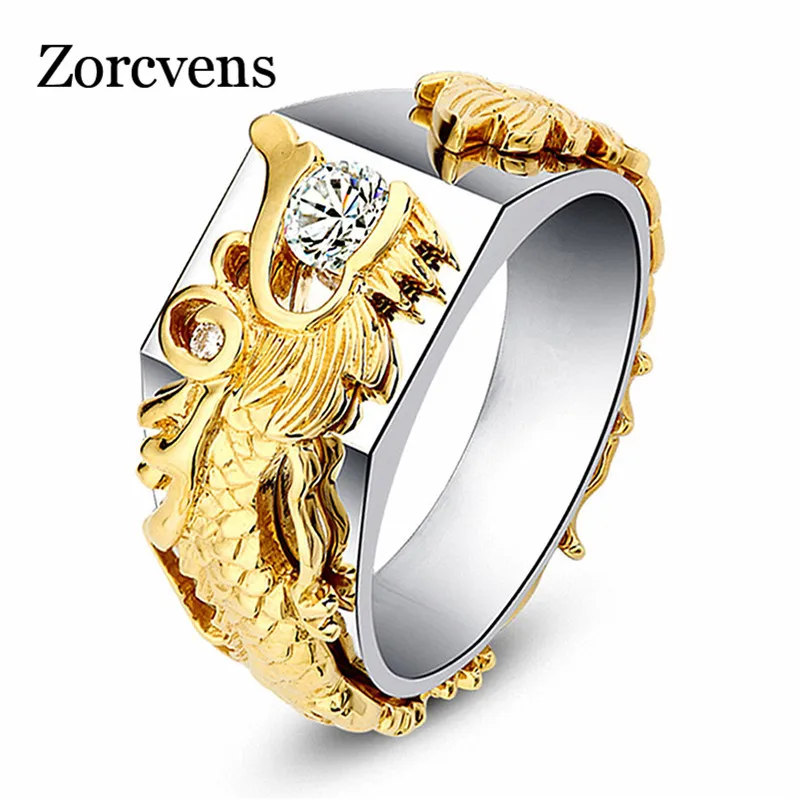 

ZORCVENS Punk Vintage Silver Color CZ Stone Fashion Jewelry Gold Dragon Wedding Ring for Man