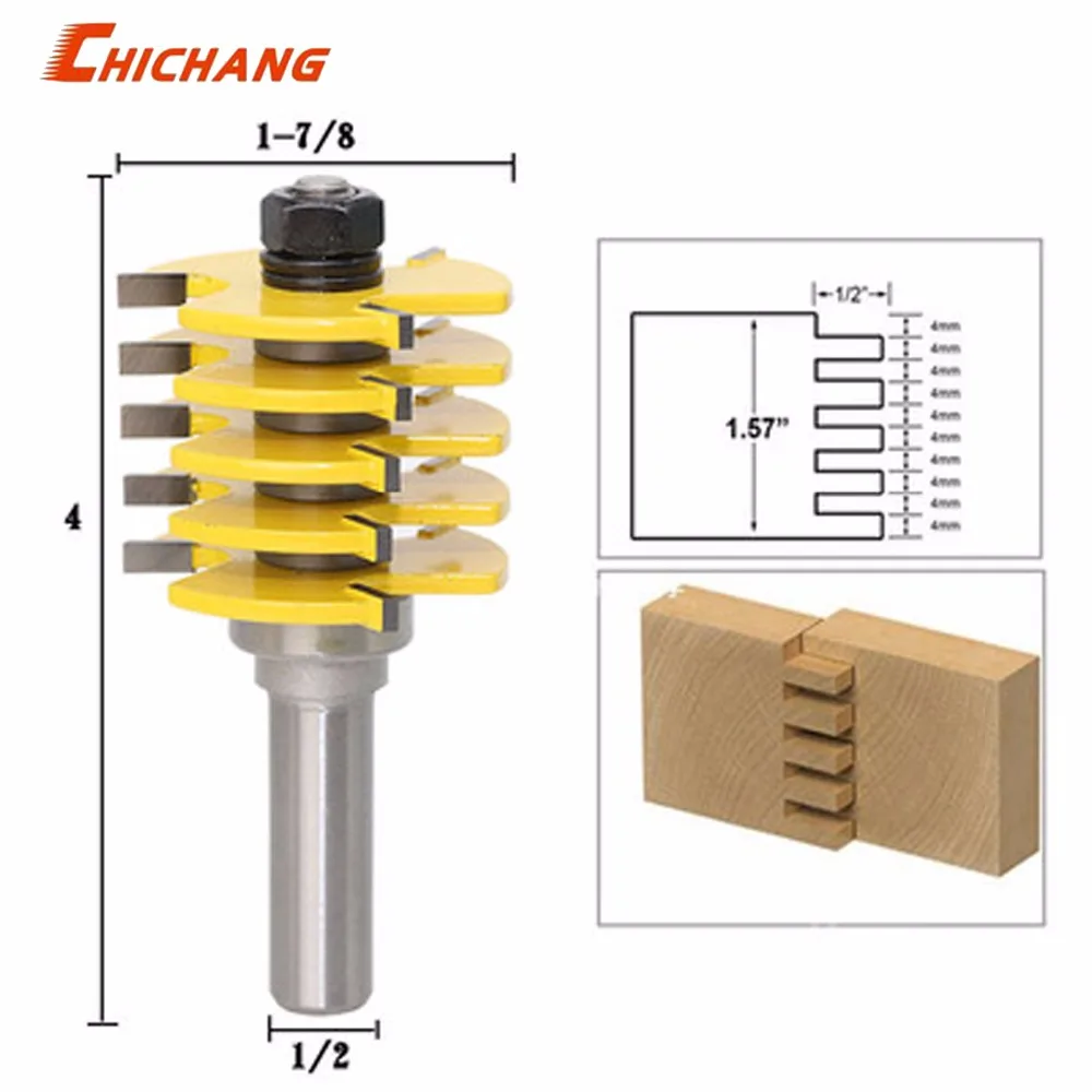 

1pc Box Joint Router Bit - Adjustable 5 Blade - 3 Flute - 1/2" Shank For Wood Cutter Tenon Cutter for Woodworking Tools