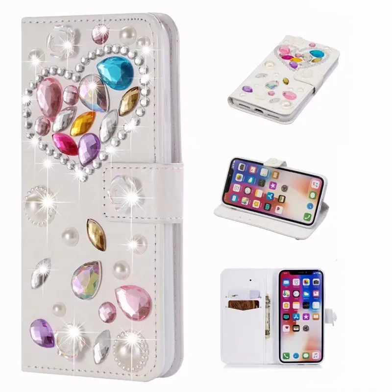 Чехол книжка из искусственной кожи с бриллиантами ручной работы для iPhone X XS Max XR 8 7