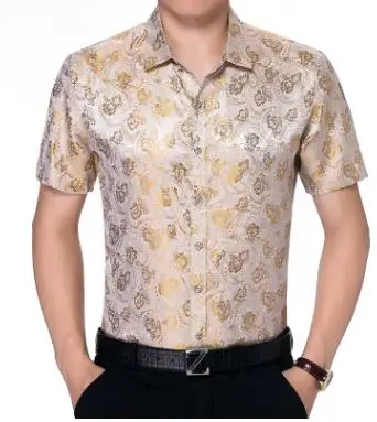 Vente Mens casual Imprimé floral À Manches Courtes Chemise de soie | 2018 Marque Nouvelle D été Mâle Unique Poitrine Mode Chemise Club Chemise