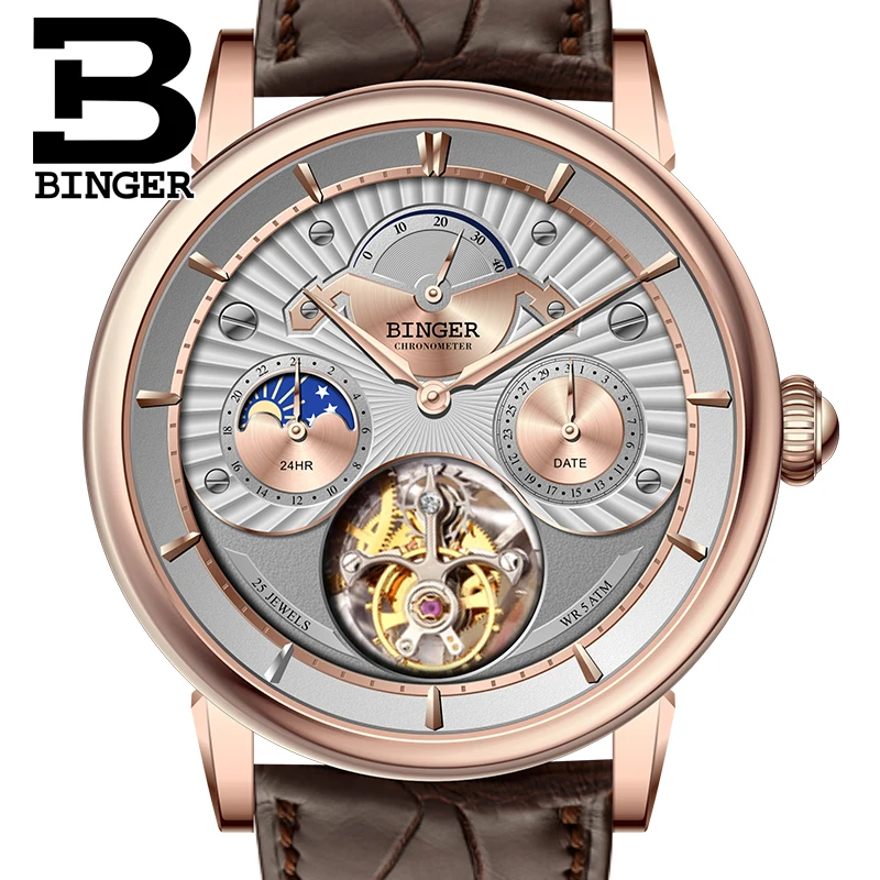 Мужские часы BINGER TOURBILLON из натуральной кожи крокодила водонепроницаемые с