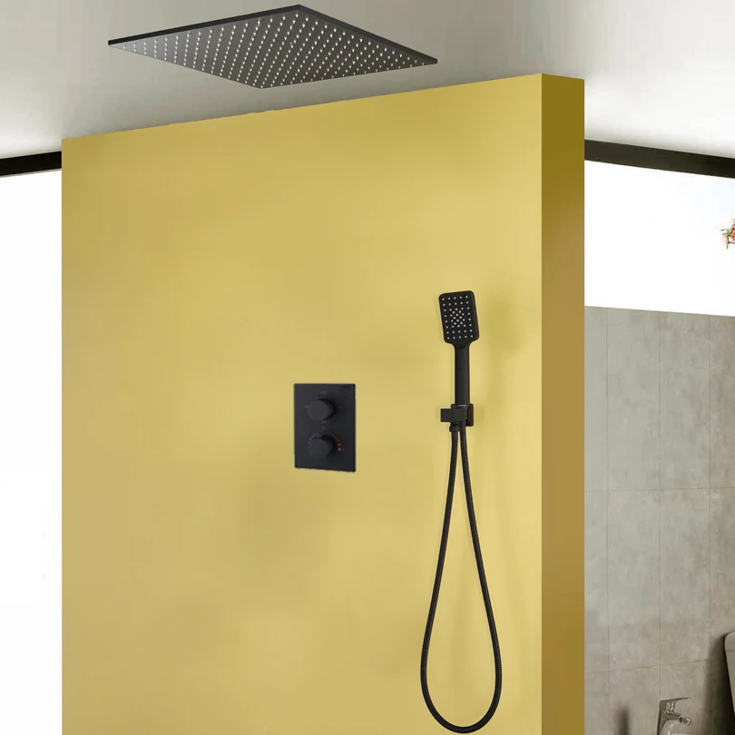 Bathroom Rain Shower Faucet Set Black Bath Shower Panel Ceiling LED Shower Head Thermostatic Bath & Shower Mixer Valve 