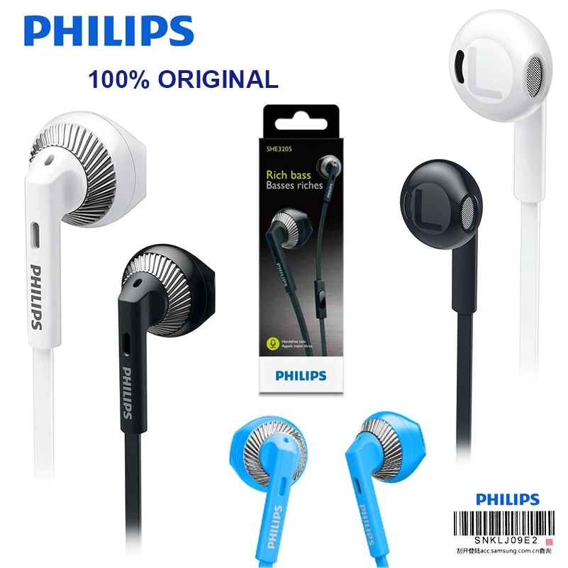 Оригинальные Проводные Наушники Philips SHE3205 с микрофоном 3,5 мм для Loptap MP4 смартфона Galaxy 8 официальная сертификация