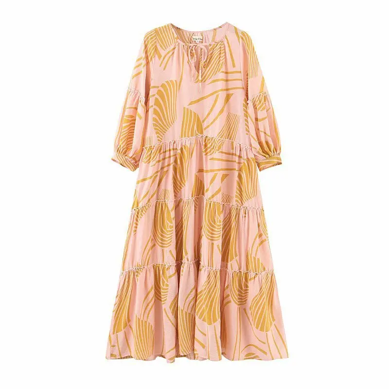 

Garment van 65-7355 European and American fashion printed retro hubble-bubble sleeve dress