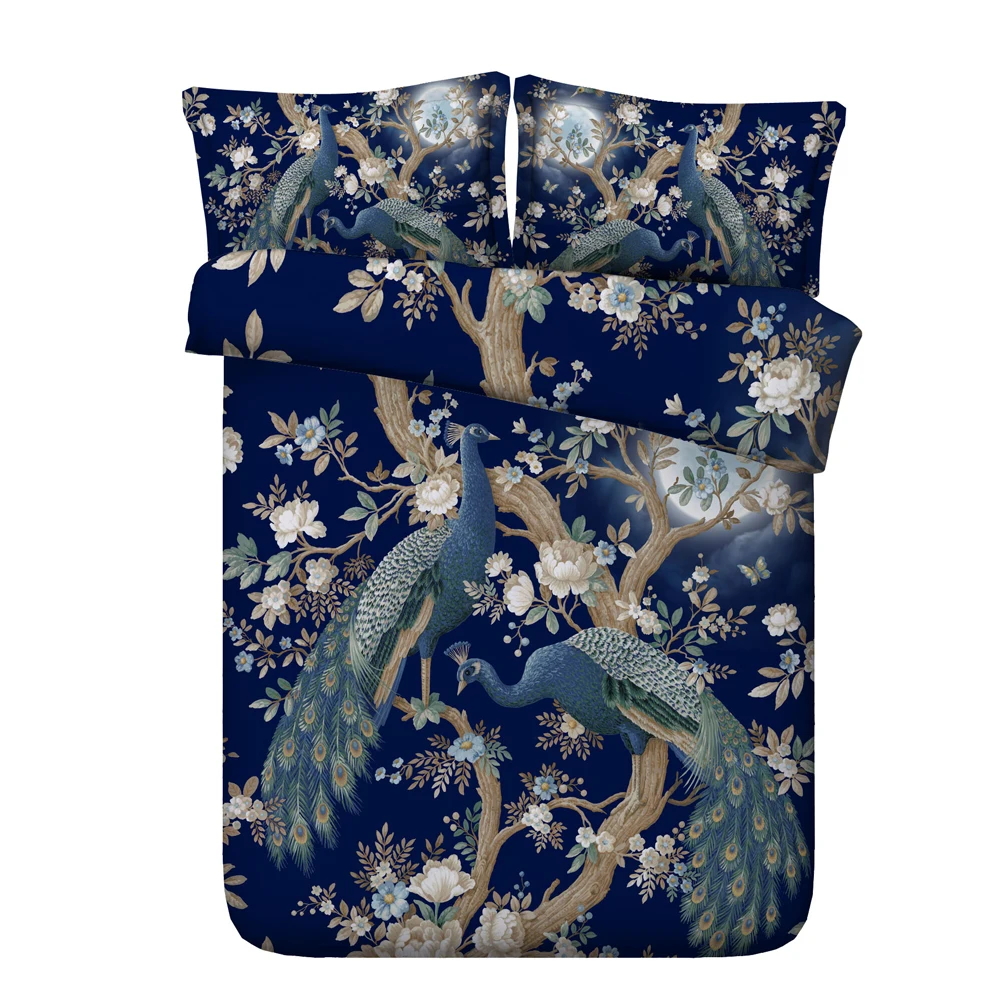 Super Soft Luxury Peacock Feathers Cotton Bedding Sets 3/4 Piece, Teal Grey/Sapphire, Twin Size