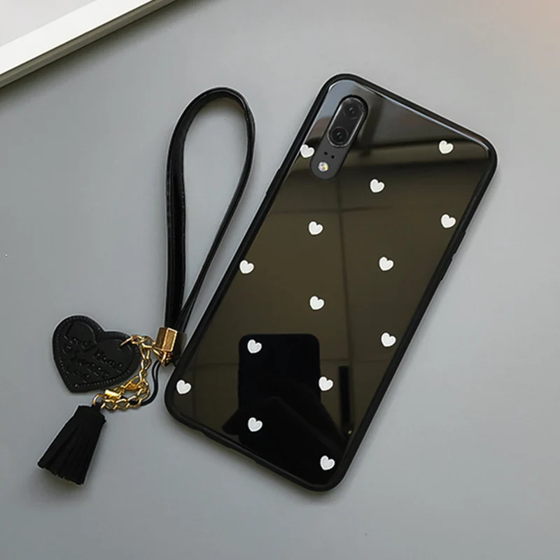 BONVAN закалённое Защитное стекло чехол для Huawei p20 Pro p20 case маленьких P10 плюс Любовь Сердце Твердый переплет чехол на Huawei p20 lite p10 кисточкой шнурки случай защиты чехлы на телефон - Цвет: BALCK