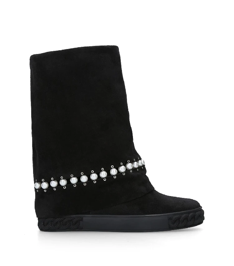 

Black Color Suede Women Boots Short Booties Pearl Decor Height Increasing Brand Runway Super Star Cool Shoes Wedges Women Shoes