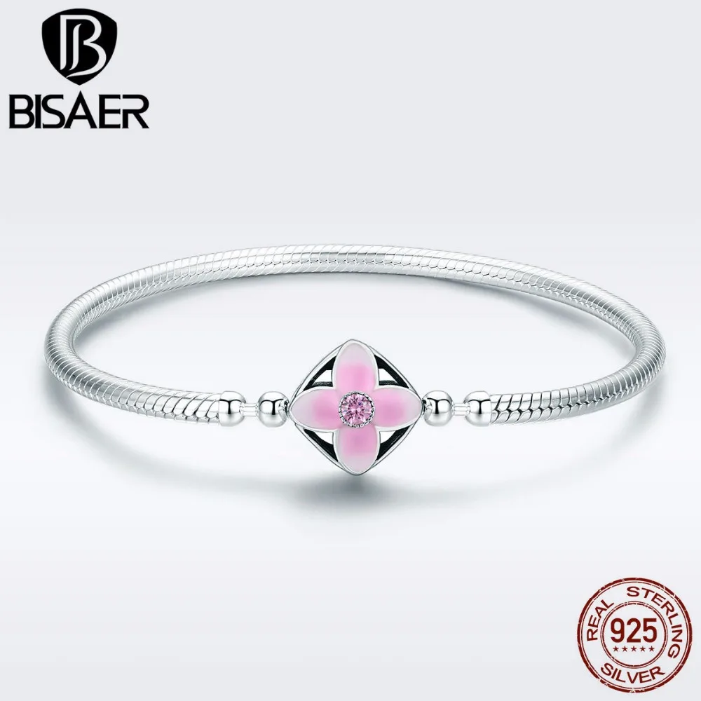 

BISAER Authentic 925 Sterling Silver Spring Orchid Flower Pink Enamel Clasp Snake Chain Bracelet for Women Silver Jewelry GXB065