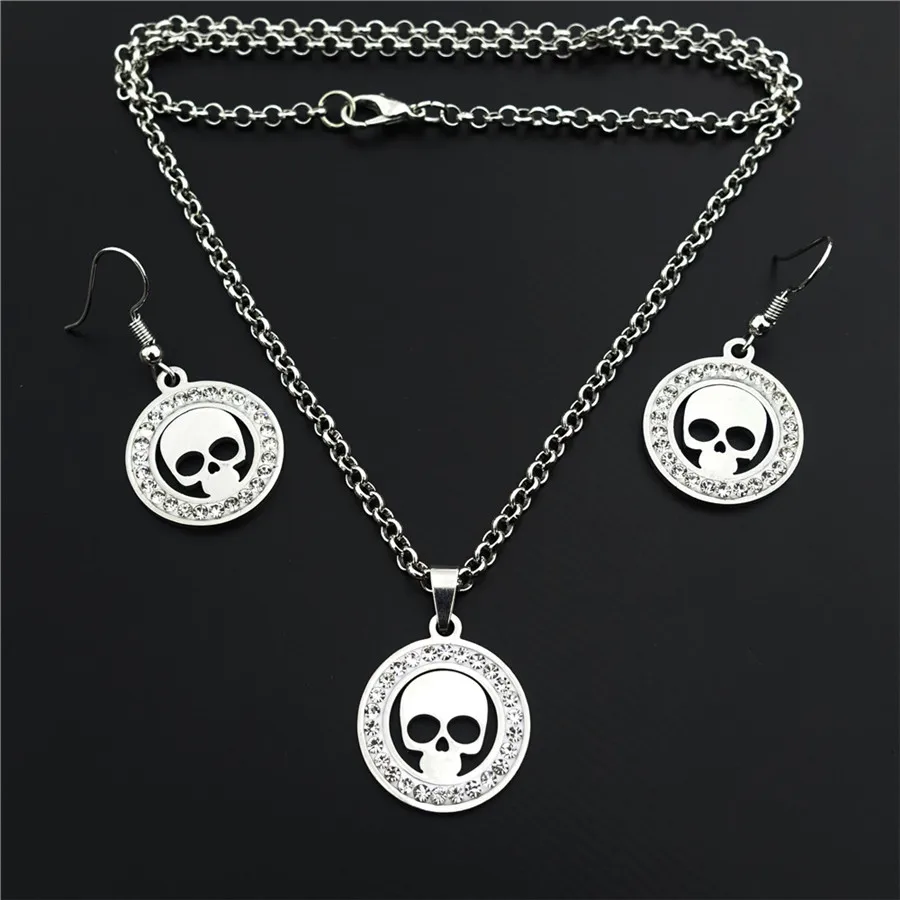 

Pirates of the Caribbean The Black Pearl Aztec Coin Medallion Skull Stainless Steel Jewelry Set Rhinestone Necklace Earrings