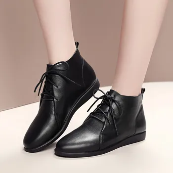 

YMECHIC 2018 Autumn Winter Ladies Real Genuine Leather Lace Up Black Ankle Boots Flat Shoes Women Street Casual Motorcycle Boots