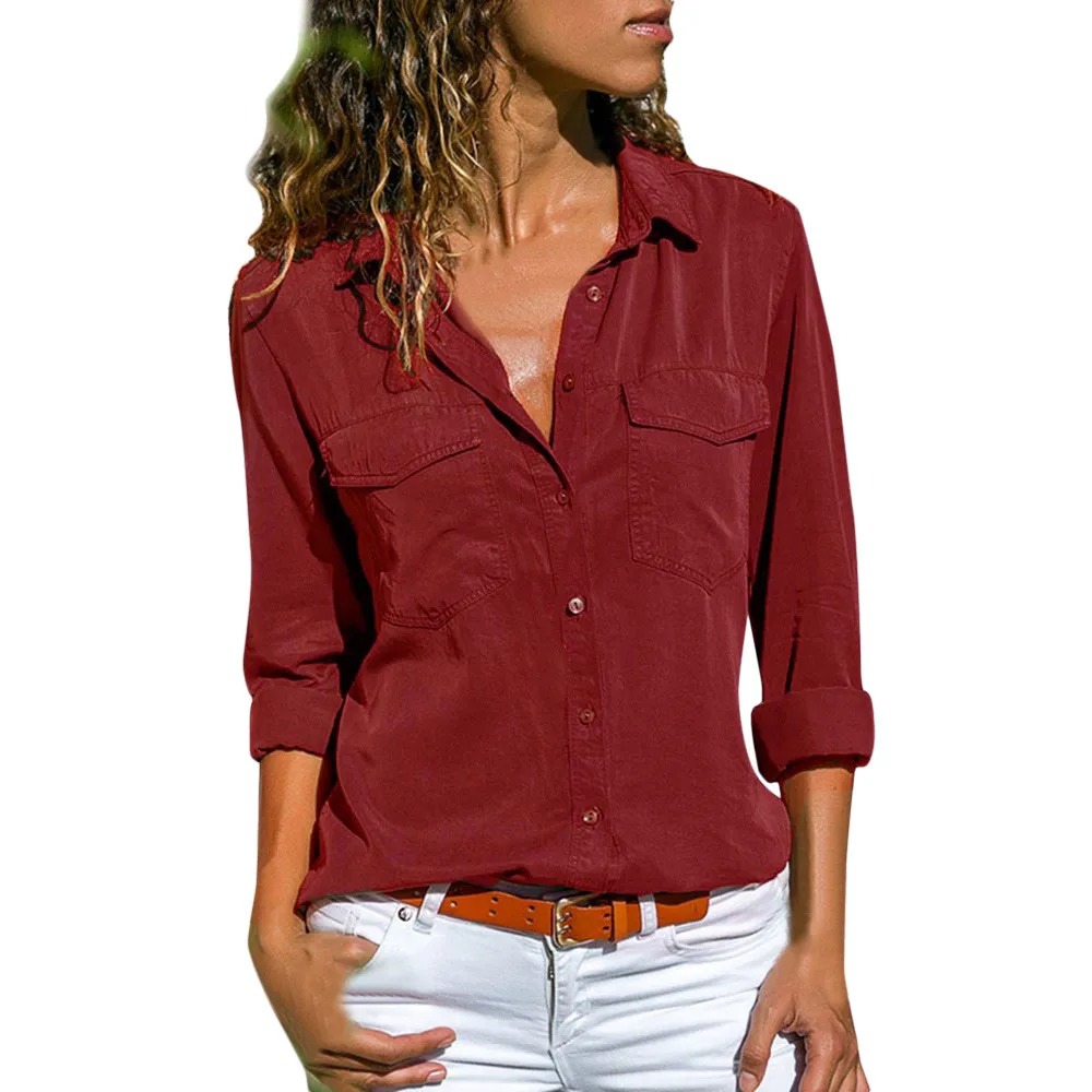 Женская блузка с длинным рукавом и отложным воротником, с карманами, на пуговицах спереди, женские топы, футболка, женская рубашка большого размера, Новинка