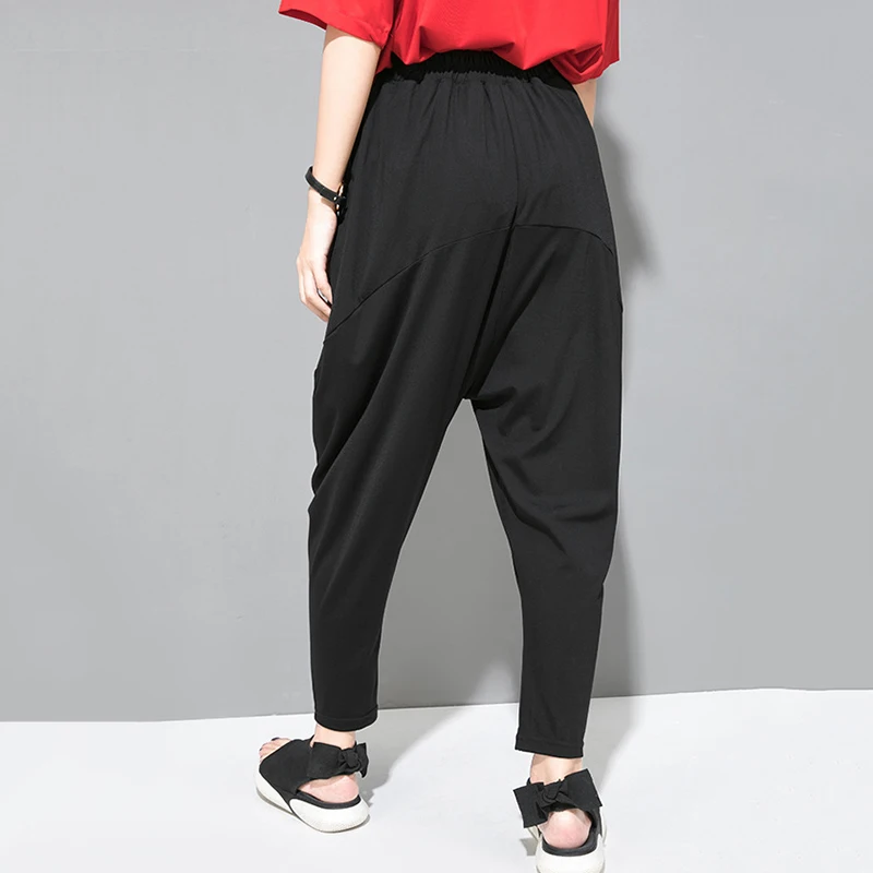 [EAM] New Autumn Winter High Elastic Waist Black Leisure Pocket Stitch Loose Harem Pants Women Trousers Fashion Tide JW997