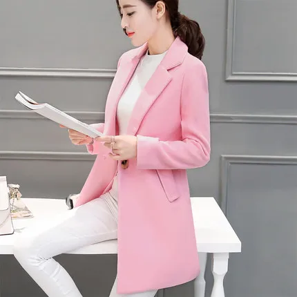 Autumn Winter Wool Coat Women Long Jacket New Plus size Korean Pink Jacket Women Blend Woolen Coat Black Elegant Female Overcoat - Цвет: pink