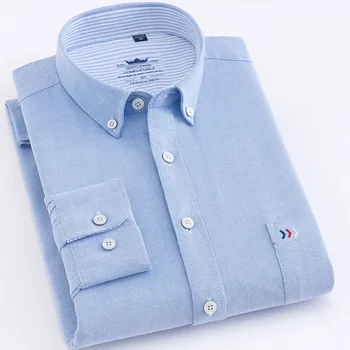 

Mens Long Sleeve Solid Oxford Dress Shirt with Left Chest Pocket High-quality Male Casual Regular-fit Tops Button Down Shirts