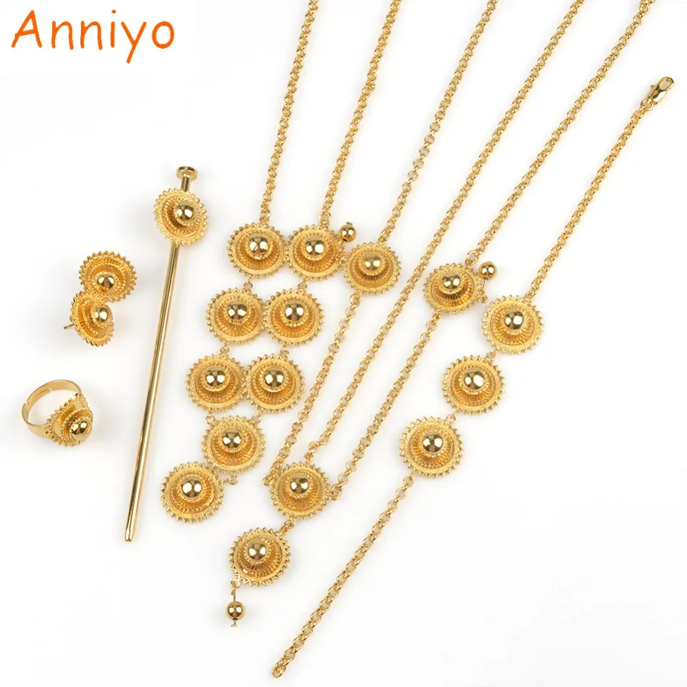 

Anniyo Ethiopian Set Jewelry Habesha Necklace/Earring/Ring/Hair Pice/Head Chain/Bracelet Gold Color African Bridal #060102