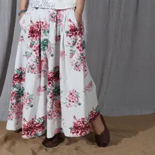 Опрятный красный зеленый Цветочный принт карманов Для женщин хлопок лен плиссированные юбки летние Красивые милые длинные ботильоны Длина молодой леди Юбки для женщин