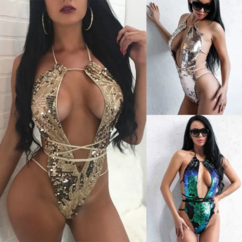 النساء Swxy قطعة واحدة بدلة السباحة الذهب الترتر الدانتيل يصل Monokini الاستحمام الجوف بيكيني Bodysuit ملابس نوم للإناث Clubwear