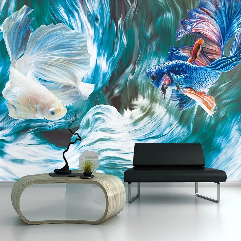 Decoration Textile wallpaper 3D Creative Blue White Siamese Fighting Fish Oil Painting Living Room Background Wall