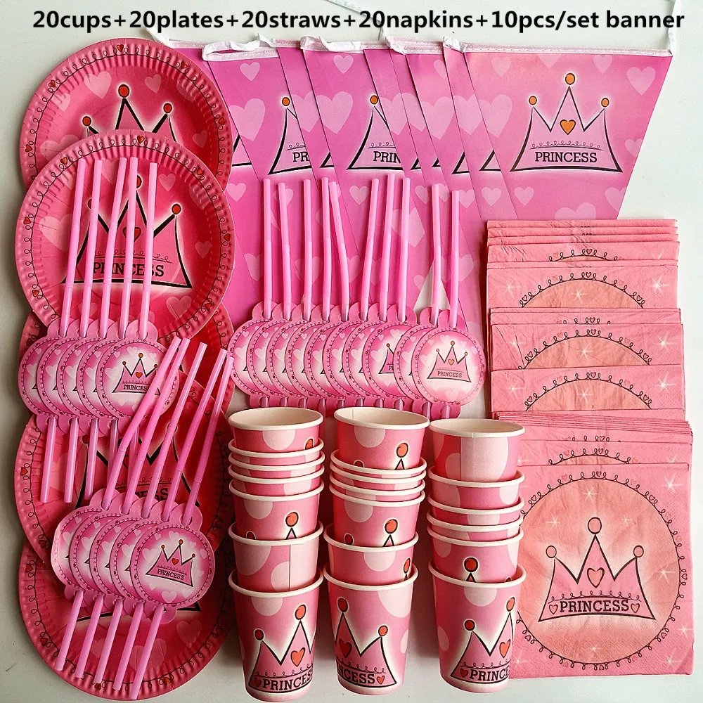 

90pc 20 persons princess crown happy birthday kids baby girl shower party decoration set banner straws cup plate supplier