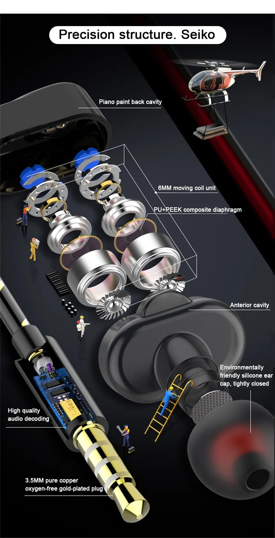 Quad Core Wire Control Earphone 3.5mm In Ear Double Moving Circle Heavy Bass Metal With Mic and Volume Control Public Headphone (5)