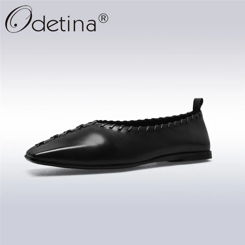 

Odetina 2018 New Fashion Comfortable Genuine Cow Leather Ballet Flats Women Casual Dress Shoes Swing Square Toes Slip On Loafers