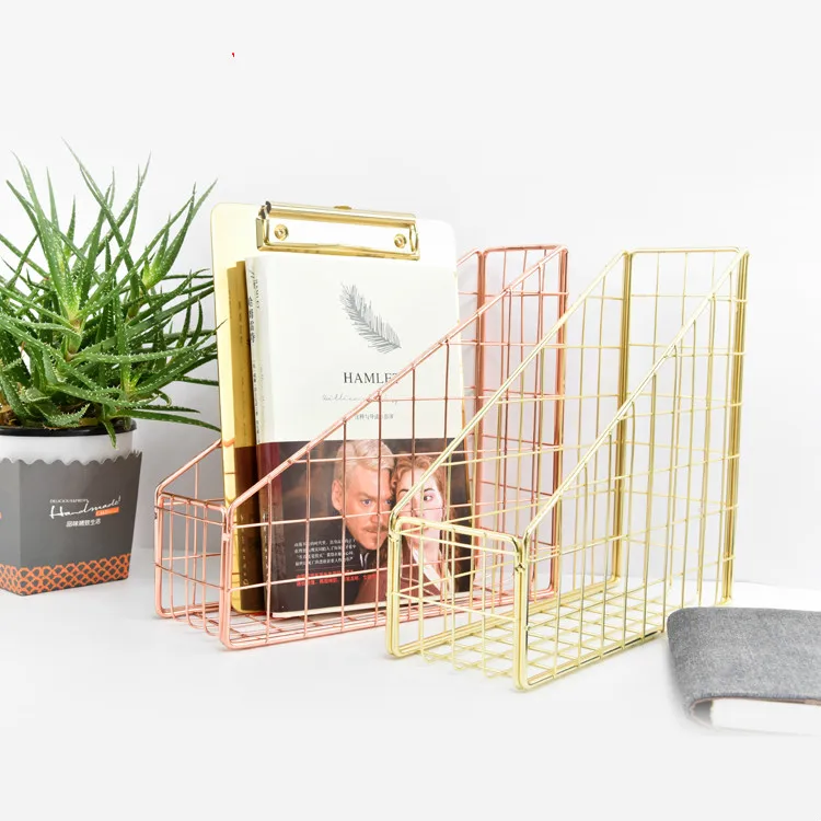 Rose Gold Gold Electroplated Iron Desktop Rack Shelf File Magazine Box