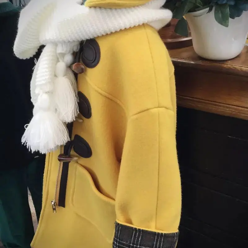 Новая весенне-Осенняя шерстяная куртка для девочек пальто с роговыми пряжками одежда для детей Одежда для маленьких девочек удобная ветровка с капюшоном