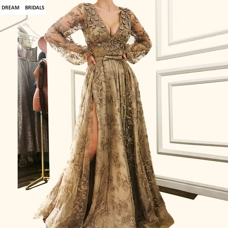 Muslim Long Sleeves Abiye Deep V-Neck Evening Dresses Long Sexy High Split Abendkleider 2019 Lace Beading Robe De Soiree Muslim Long Sleeves Abiye Deep V-Neck Evening Dresses Long Sexy High Split Abendkleider 2019 Lace Beading Robe De Soiree