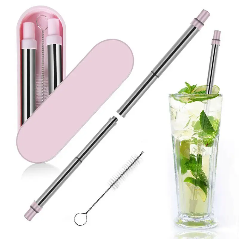 Pink Kitchen Reusable Metal Folding Collapsible Drinking Straw Portable with Cleaning Brush - Цвет: Pink