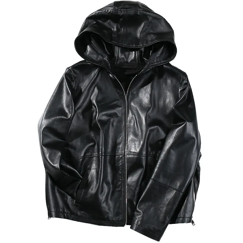 2018 Genuine Leather Jackets Sheepskin Hood Women Black Red Plus Size Casual Zipper Autumn Loose Leather Jackets for Juniors