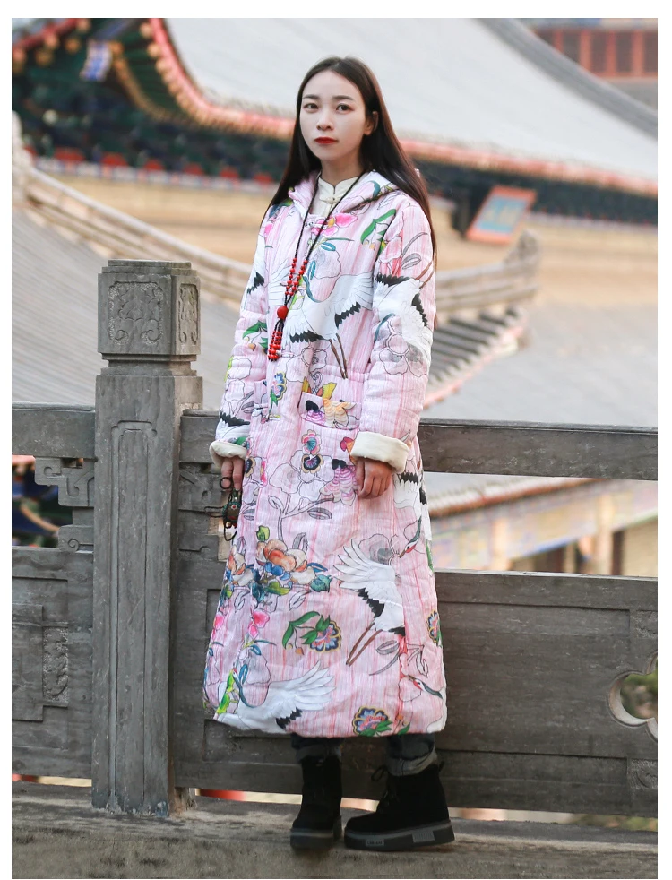 LZJN длинное теплое зимнее пальто женская розовая парка Этническая китайская стеганая куртка с принтом журавля верхняя одежда с капюшоном с поясом на шнурке