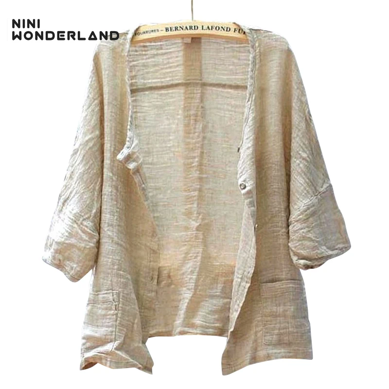 NINI WONDERLAND весна лето женский однотонный свободный льняной кардиган рубашка с