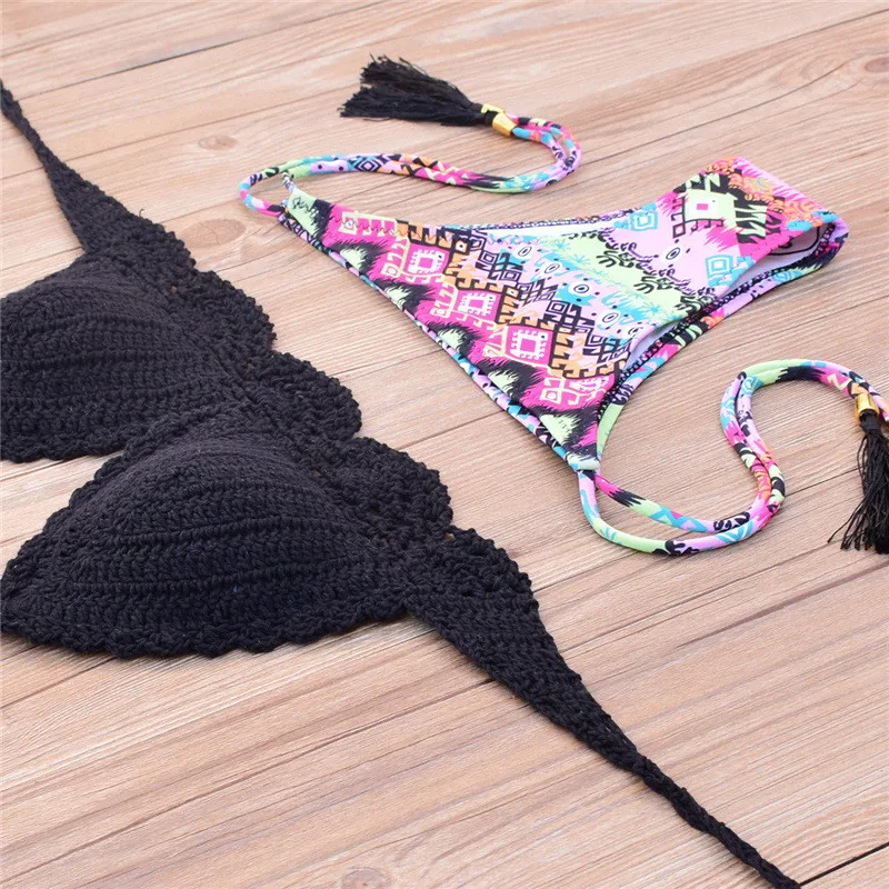 2017 женщин купальники Майо feminino Praia черное бикини крючком Цветочные трусики танга