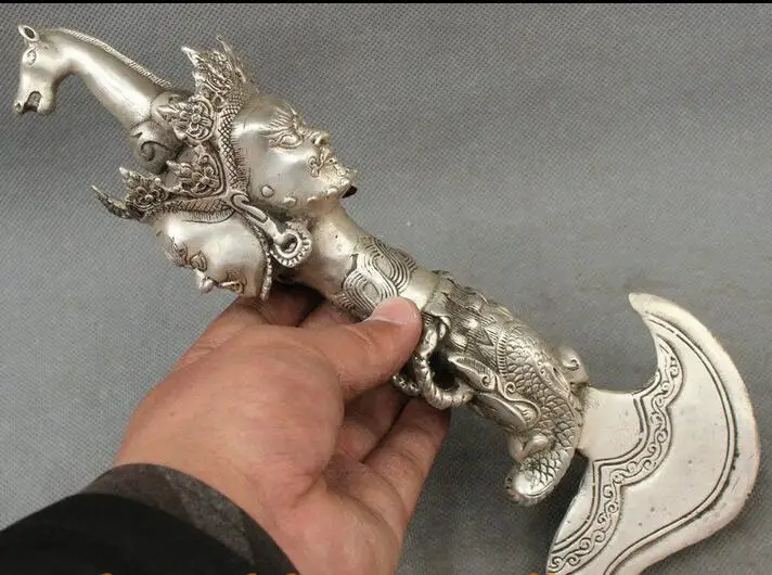 

11" Tibet Silver Mahakala Buddha Hayagriva Statue Phurpa Talismans Dragon Dagge