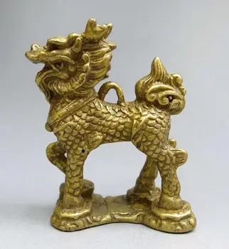 

China brass sculpture carved fine copper Feng Shui small Foo Dog Kylin Statue