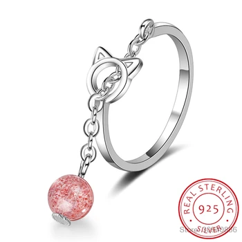 

New Temperament Two Colors Strawberry 925 Sterling Silver Jewelry Bell Cute Cat Opening Animal Women Rings SR381