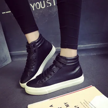 Womens Shoes Flats 2017 New Black Pure Color Leisure Sports Shoes Women Fashion Leather Shoes High-cut Woman