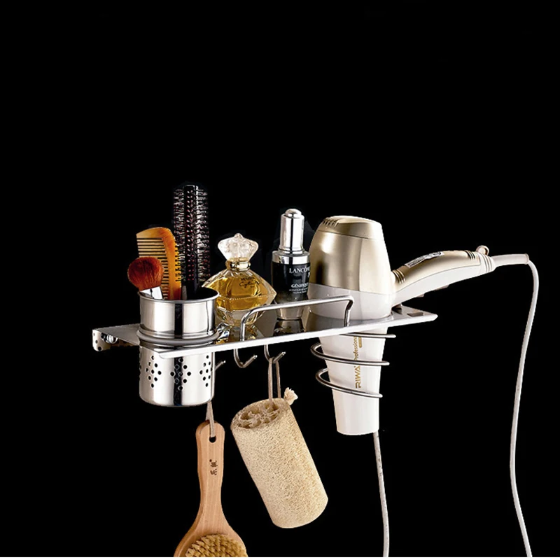

SRJ 304 Stainless Steel Hair Dryer Rack Bathroom Punch-Free Glue Storage Rack Multi-Function Mini Rack Wall Organizer Shelf