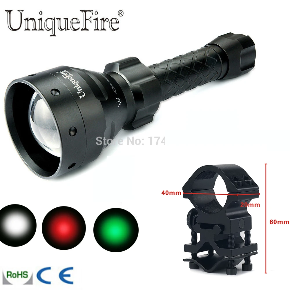 

UniqueFire UF-1405 XPE Red/White/Green Led Flashlight 18650 Long Distance Torch 300 LM Rechargeable Battery+Scope Mount