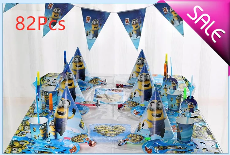 

82pcs Minions kids birthday party supplies decorative cups and plates banner hat decoration disposable items Children's favorit