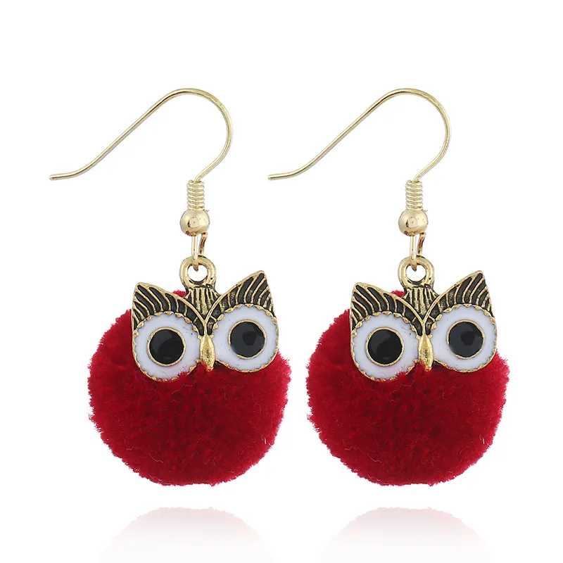 New 4 Colors Little Cute Hair Bulb Pompom cartoon Earrings fur ball Owl Earring