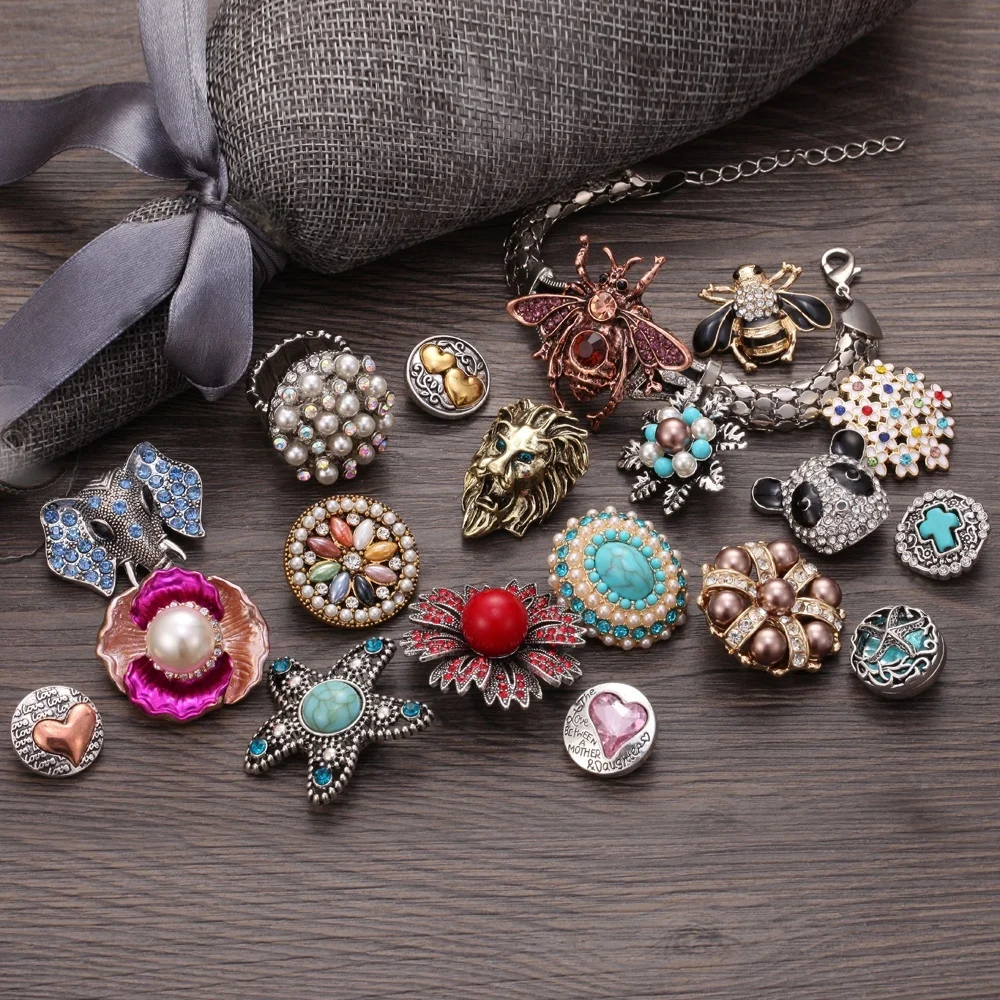 

6pcs/lot Snap Jewelry Mixed Styles Rhinestone Flower Metal 18mm 20mm Snap Button Jewelry for DIY Snap Bracelet Banlge